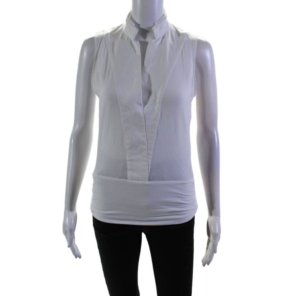 Movetes Womens Solid White Bamboo Blend V-neck Sleeveless Blouse Top Size 6